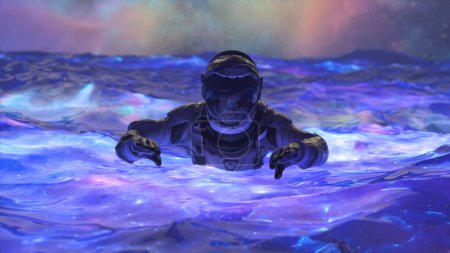 Raum abstraktes Konzept. Der Astronaut schwimmt im blauen Weltraumwasser. Neonfarben. Polarlichter. Hochwertige 3D-Illustration