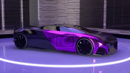 Téléchargez les photos : Concept futuriste. La voiture de sport pourpre. Surface miroir brillante. Illustration 3D. Illustration 3D de haute qualité - en image libre de droit