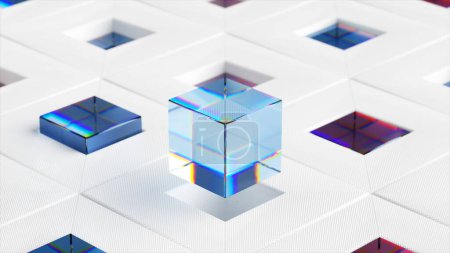 Abstract concept. Multi-colored cubes emerge from square cells on a white glossy surface. Up and down. 3d illustration. High quality 3d illustration