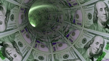 Finance and investment concept. Tunnel of money, dollars towards light. Cash Flow. Green color. 3d illustration.