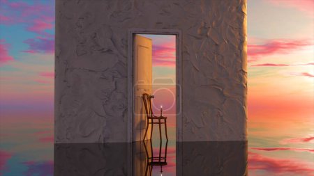 Foto de Una pared de hormigón blanco y una puerta abierta al mundo imaginario. Puesta de sol rosa en el fondo. Una vela arde en una silla en la puerta. Sueño. ilustración 3d - Imagen libre de derechos
