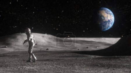 Ein männlicher Astronaut führt auf der Oberfläche des Mondes vor dem Hintergrund der Erde einen Moonwalk-Tanz auf. 3D-Illustration