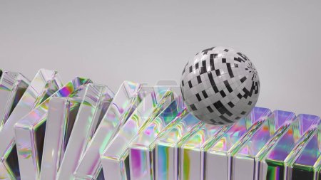 Animation 3D réfléchissante d'une sphère à damiers sur terrain de prisme, mettant en valeur une danse de lumière. Vidéo satisfaisante