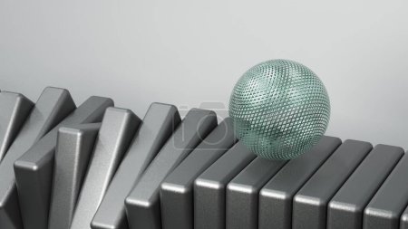 Animation 3D futuriste d'une sphère de sarcelle texturée roulant sur des engrenages mécaniques gris, épurés et dynamiques. Vidéo satisfaisante
