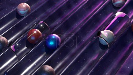 Animación galáctica en 3D de planetas y esferas de vidrio en un juego cósmico de pinball en un campo púrpura estrellado.