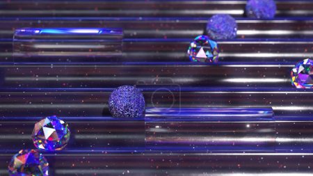 Téléchargez les photos : Animation 3D captivante de cristaux et de sphères scintillants voyageant à travers une machine à flipper à thème spatial. - en image libre de droit