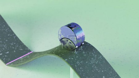 Téléchargez les photos : Animation 3D rustique d'une sphère de cuivre ternie roulant sur une surface ondulée et violette. - en image libre de droit