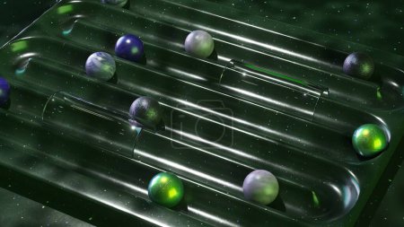 Animation 3D galactique de planètes et de sphères de verre dans un jeu de flipper cosmique sur un champ violet étoilé.