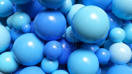 Gleaming 3D animation of clustered blue spheres varying in size, exuding a cool, smooth, and glossy texture.