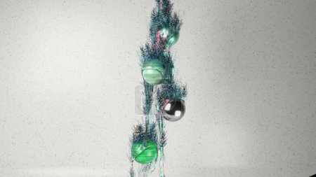 Abstrakte 3D-Animation von Strängen mit bunten Partikeln und reflektierenden Kugeln vor strukturiertem Hintergrund.