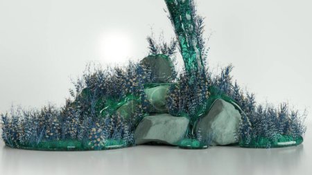 Tranquil 3D animation of a rocky landscape, with blue flora emerging from crystal formations, under a soft light.