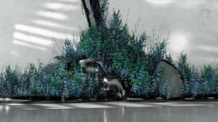 Mystische 3D-Animation eines schattigen Hains mit biolumineszierender blauer Flora und ätherischem Licht, das über Felsen fällt.