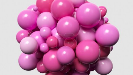 Playful 3D animation of a cluster of glossy pink spheres in various sizes, creating a cheerful, bubbly effect.