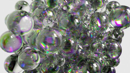 Mesmerizing 3D animation of iridescent bubbles, reflecting a spectrum of colors in a hypnotic, floating dance.