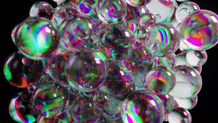 Mesmerizing 3D animation of iridescent bubbles, reflecting a spectrum of colors in a hypnotic, floating dance.