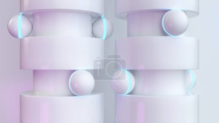 Schlanke 3D-Animation weißer zylindrischer Strukturen mit leuchtend blauen Akzenten, die perfekte weiße Kugeln in weiches, umgebendes Licht tauchen.