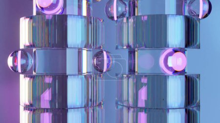 3D animation of reflective cylindrical towers with iridescent orbs, exuding a futuristic and high-tech ambiance.