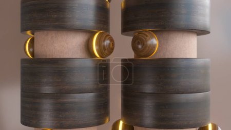 3D animation of rustic wooden cylinders highlighted with glowing golden rings, combining organic textures with a touch of luxury.