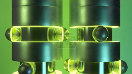 Modern 3D animation of sleek metallic structures with neon green highlights holding translucent green orbs, against a lime backdrop.