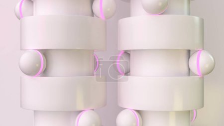3D animation of matte white cylindrical structures accented with soft pink glowing rings, holding white orbs in a minimalist design.