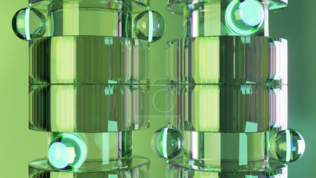 Animación 3D de estructuras cilíndricas reflectantes con reflejos de color verde neón, cada una acunando un orbe de vidrio, sobre un vibrante telón de fondo verde.
