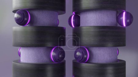 3D-Animation mit gealterten metallischen Zylindern mit leuchtend violetten Neonringen, die eine futuristische und doch rustikale Ästhetik verkörpern.