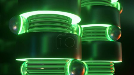 Glowing neon structures with reflective orbs in a dark, enigmatic 3D animation setting.