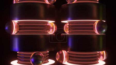 Illuminated metallic structures with vibrant orbs in a moody 3D animation sequence.