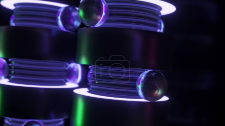 Mystical 3D animation of metallic cylinders and orbs illuminated by ultraviolet light.