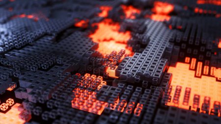 3D animation of a digital landscape with glowing lava-like patterns among tech-grid blocks.