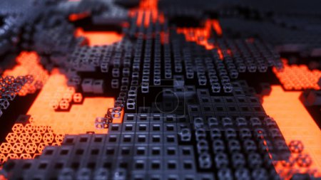 3D animation of a digital landscape with glowing lava-like patterns among tech-grid blocks.