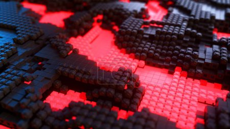 A 3D animation of a digital terrain with glowing red lava flows amidst dark tech tiles.