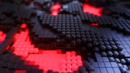 A 3D animation of a digital terrain with glowing red lava flows amidst dark tech tiles.