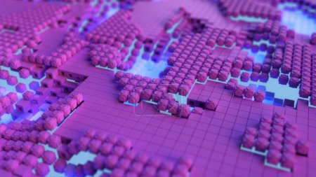 3D animation of a cybernetic landscape with flowing energy in hues of purple and blue.
