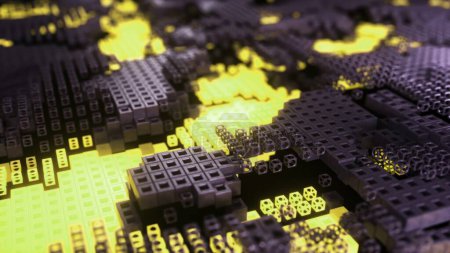 3D animation depicting a vivid digital terrain with radiant yellow highlights on a tech grid.