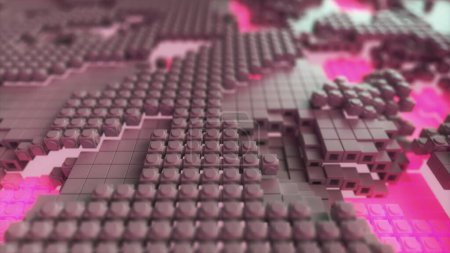 3D animation of a cyber cityscape with glowing magenta energy pathways in a high-tech grid.