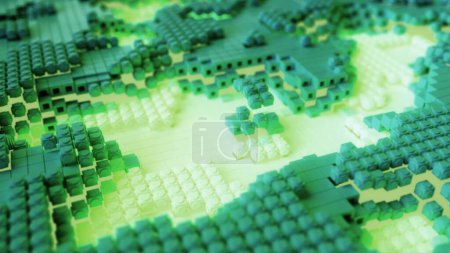3D animation showing a digital landscape with luminous green energy circuits on a hexagonal grid.