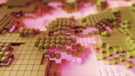 3D animation of a vibrant digital landscape with pink and golden light streams across a grid.