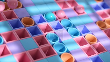 Vibrant spheres bounce on a checkered board of pink and blue cups. Dynamic 3D motion.