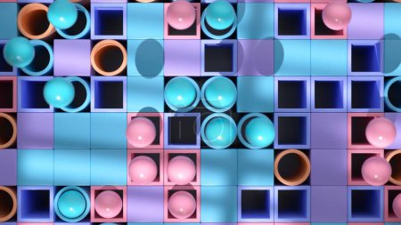 Spheres nestled in a grid of blue and pink squares create a serene 3D scene.