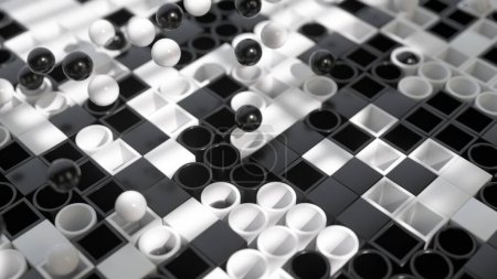 Monochromatic spheres hover over a checkerboard, a study in contrasts and 3D depth.