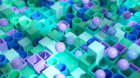 Pastel spheres playfully navigate a sea of green and blue cubes in this soothing 3D animation.