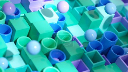Pastel spheres playfully navigate a sea of green and blue cubes in this soothing 3D animation.