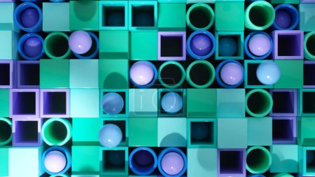 Cool-toned spheres balance on a mosaic of teal and purple cubes in this tranquil 3D composition.