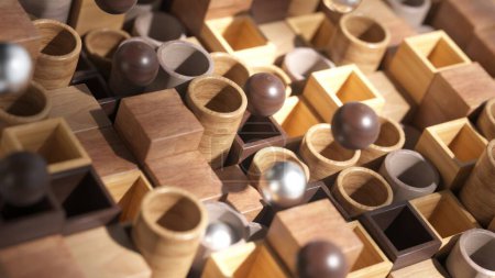 Metallic spheres and wooden shapes mingle in a rich, tactile 3D puzzle of texture and form.