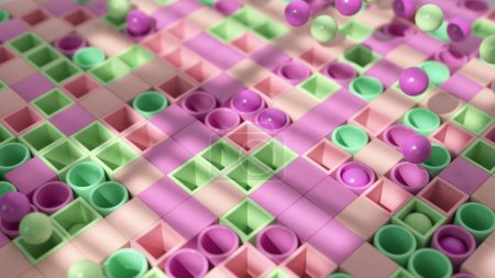 Pastel spheres bounce on a playful grid of pink and green in this light-hearted 3D animation.