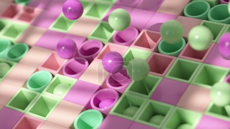 ivid spheres nestled in a grid of pink and green create a playful, dynamic 3D visual.