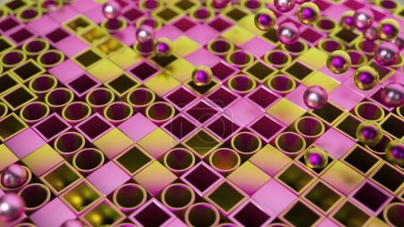 Glossy spheres bounce across a vibrant checkerboard of gold and magenta, a lively 3D animation.