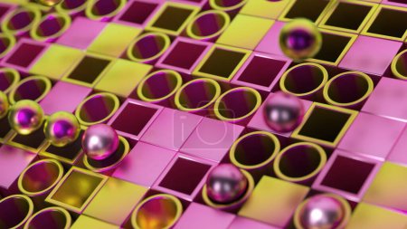 Glossy spheres bounce across a vibrant checkerboard of gold and magenta, a lively 3D animation.