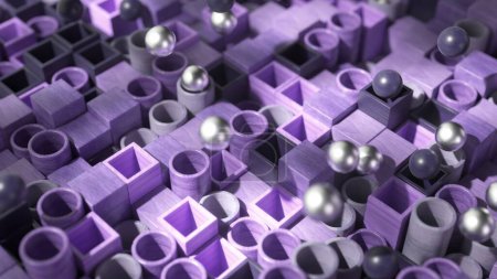 Metallic spheres meander through a labyrinth of violet-hued blocks in this mesmerizing 3D animation.